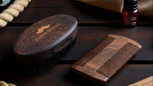 Pasha Shaving Beard Brush and Comb Set, Beechwood & Natural Bristle